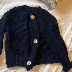 Navy Textured Knit Cardigan Sweater with Gold Buttons